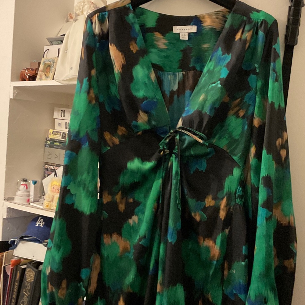 Topshop Green, Black & Blue Abstract Tie-Front Dress